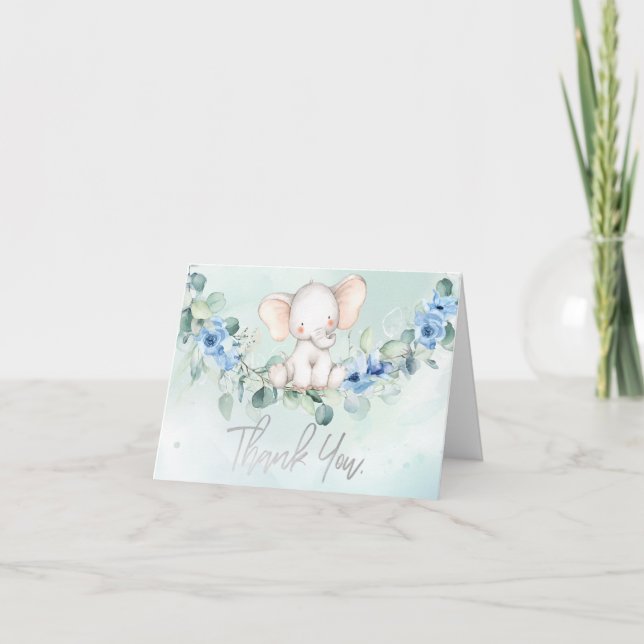 Carte De Remerciements Bébé éléphant mignon Roses bleues (Devant)