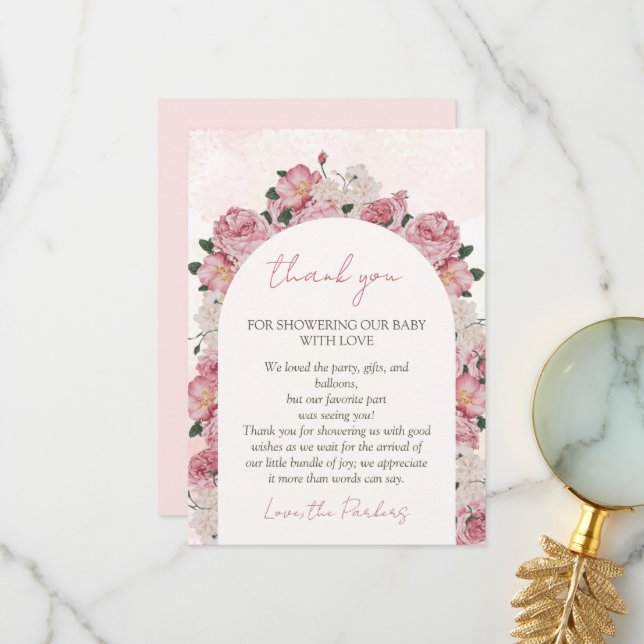 Carte De Remerciements Bébé en fleur Baby shower rose floral (Devant/Arrière en situation)