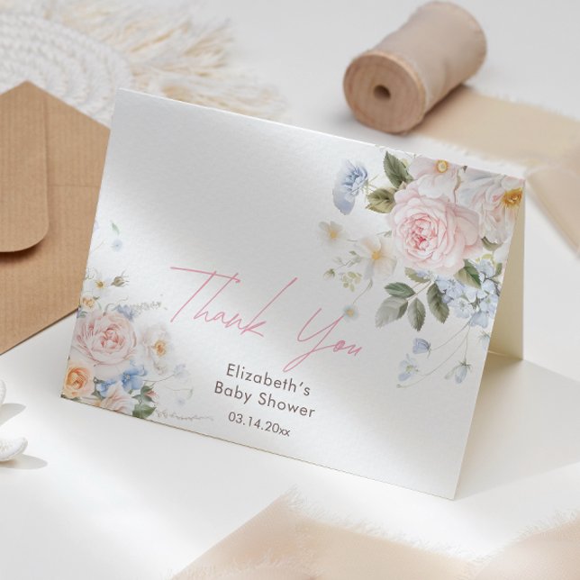 Carte De Remerciements Bébé En Fleur Baby shower rose Floral (Créateur téléchargé)