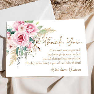 Carte De Remerciements Bébé en Fleur Boho rose Baby shower Floral