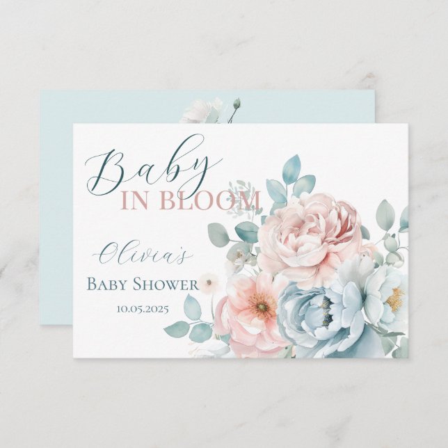 Carte De Remerciements Bébé en fleur Dusty Baby shower bleu (Devant / Derrière)