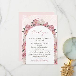 Carte De Remerciements Bébé en Fleur Script rose Floral Bébé Fille Douche