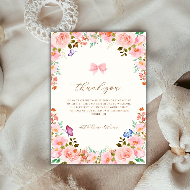 Carte De Remerciements Bébé en fleurs Fleur Papillon Baby shower de jardi (Baby In Bloom Flower Butterfly Garden Baby Shower Thank You Card)