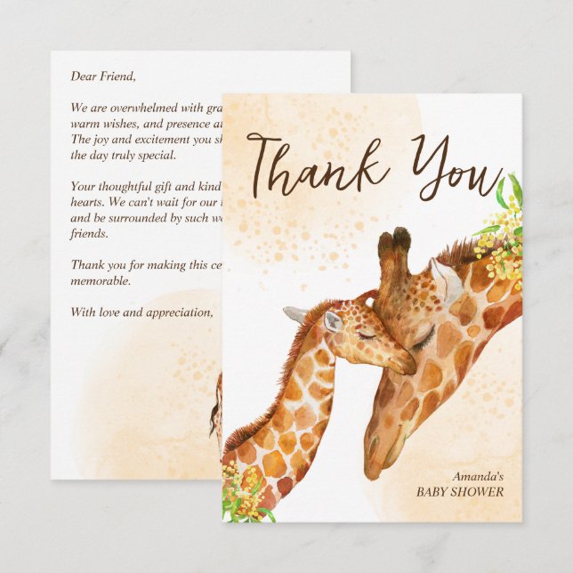 Carte De Remerciements Bébé en route bébé girafe et maman shower bébé (Devant / Derrière)