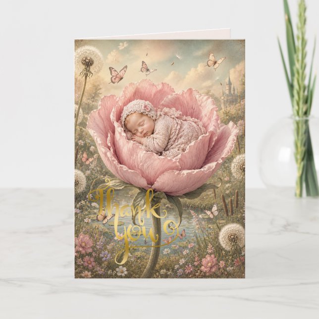 Carte De Remerciements Bébé endormi dans une fleur rose  (Devant)