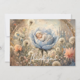 Carte De Remerciements Bébé endormi fleurs de pissenlit bleues