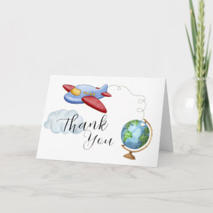 Carte De Remerciements Bébé Fête de Naissance Tour du Monde en Avion Garç