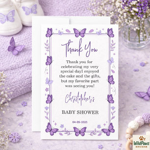 Carte De Remerciements Bébé Fille Papillon Violet Célébration de Naissanc