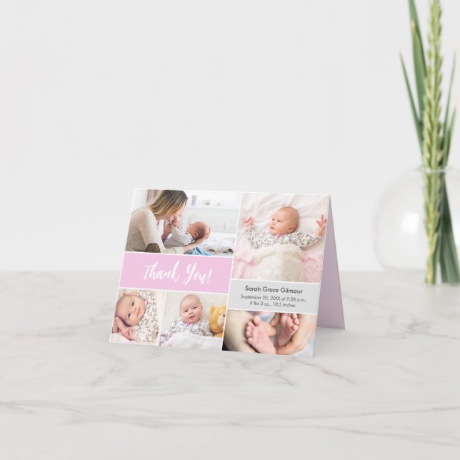 Carte De Remerciements Bébé fille rose Grey Collage photo personnalisé (Devant)