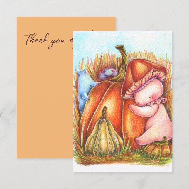 Carte De Remerciements Bébé mignon avec Champignons Citrouille Cottagecor (Devant / Derrière)