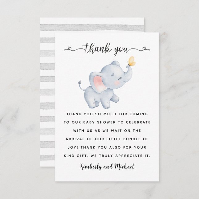 Carte De Remerciements Bébé mignon Eléphant Aquarelle Baby shower d'anniv (Devant / Derrière)