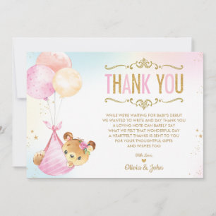 Carte De Remerciements Bébé mignon fille ours Ballons Baby shower Sprinki