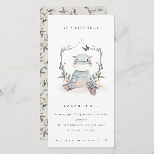 Carte De Remerciements Bébé mignon Hippo Foliage N'importe quel âge Anniv (Devant / Derrière)