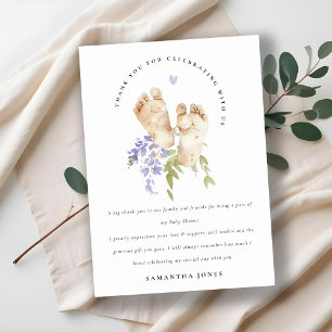 Carte De Remerciements Bébé mignon Pieds bleu Floral Baby shower garçon