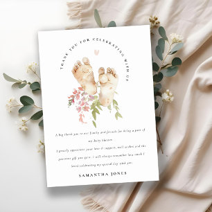 Carte De Remerciements Bébé mignon Pieds Blush Rose Floral Baby shower fi