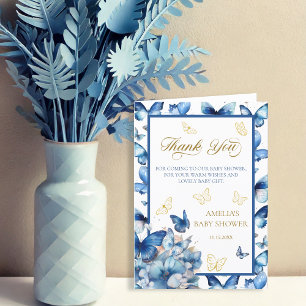Carte De Remerciements Bébé Papillon Bleu Élégant Replié en Fleur