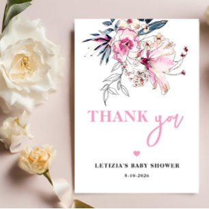 Carte De Remerciements Bébé rose floral dans le Baby shower en fleur