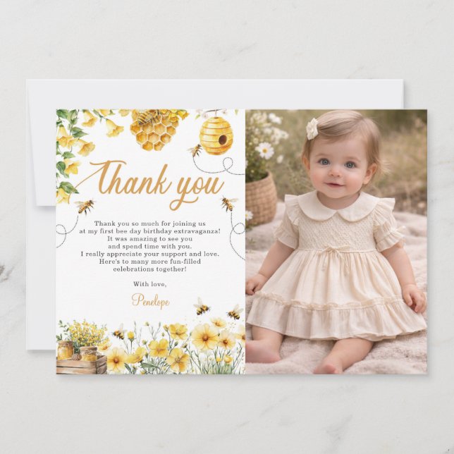 Carte De Remerciements Bee Flower Yellow Birthday Photo (Devant)