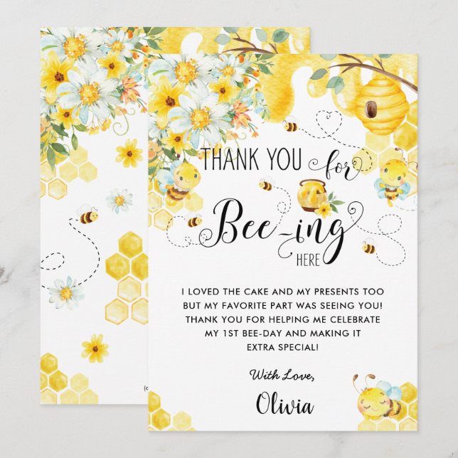 Carte De Remerciements Bees Bees Bee Jaune Ivory Floral Anniversaire (Devant / Derrière)