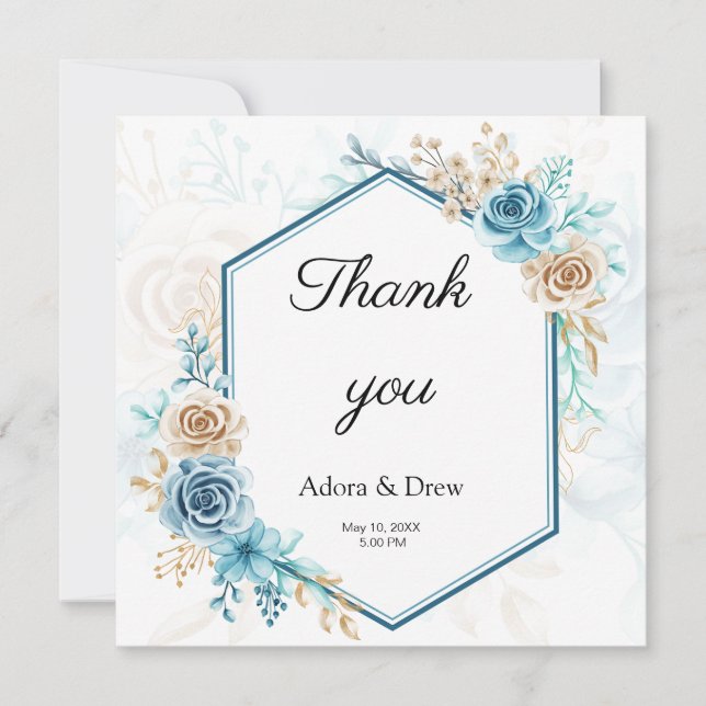 Carte De Remerciements Beige blue Elegant Floral Wedding (Devant)