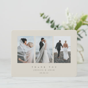 Carte De Remerciements Beige Ultra Minimal Triple Photo Mariage plat