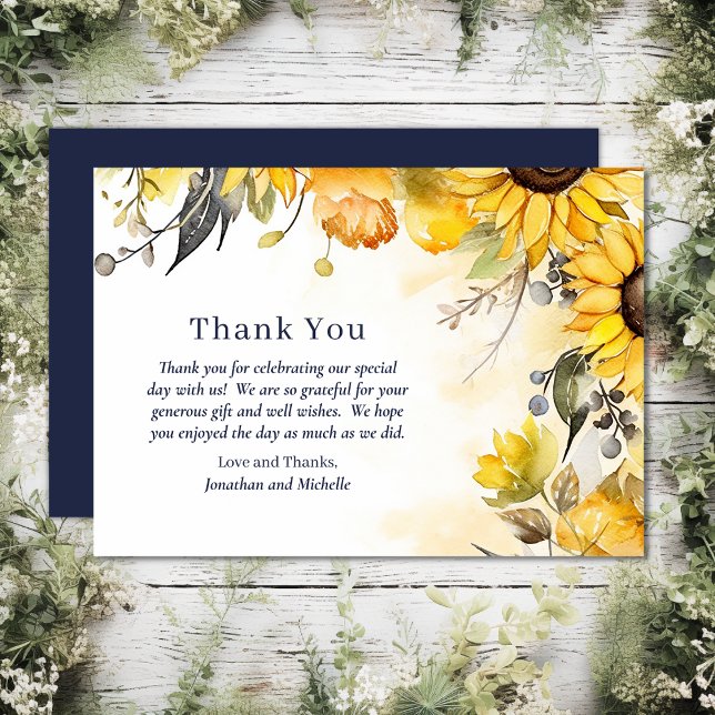 Carte De Remerciements Belle aquarelle Mariage floral de tournesol (Front and Back - Beautiful Watercolor Sunflower Floral Wedding Thank You Card)
