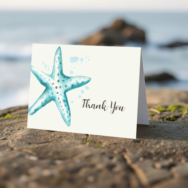 Carte De Remerciements Belle Étoile de Mer Aqua Aquarelle Enterrement de  (Aqua starfish bridal shower thank you card in coastal watercolor style. Great for seaside wedding!)