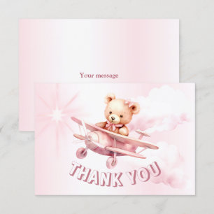 Carte De Remerciements Belle fille Bébé Ours Pilote Avion Rose Belle