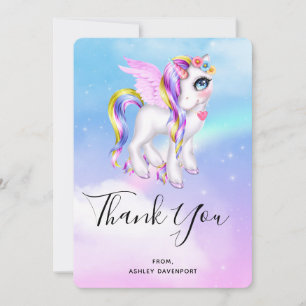 Carte De Remerciements Belle licorne avec Rainbow Mane