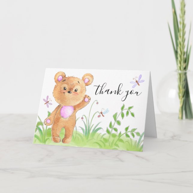Carte De Remerciements Belle Teddy Ours rose Bébé Fille Douche (Devant)