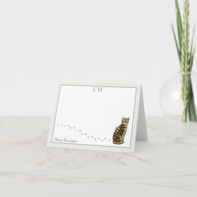 Carte De Remerciements Bengale Chat Gris Bordure Monogramme Nom plié (Devant)