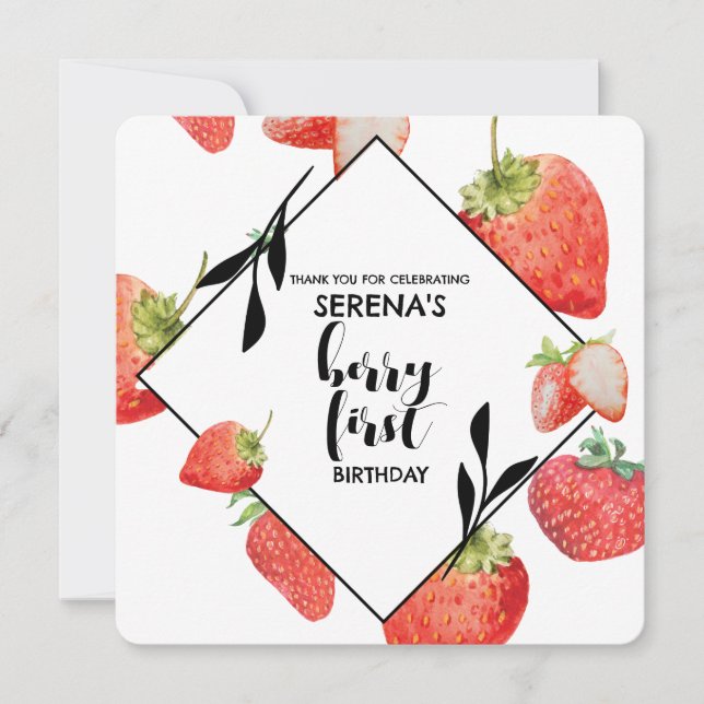 Carte De Remerciements Berry First | 1er anniversaire | Fraise moderne (Devant)