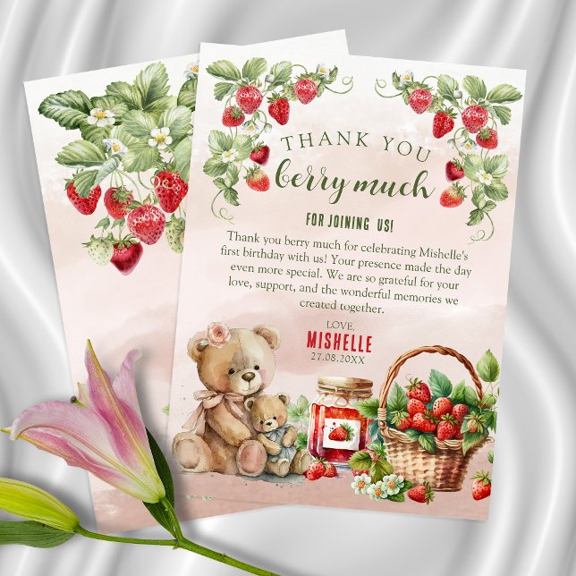 Carte De Remerciements Berry First Strawberry et Bear Anniversaire (Créateur téléchargé)