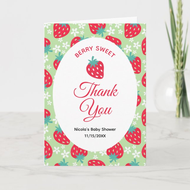 Carte De Remerciements Berry Sweet Green Strawberry Baby Shower (Devant)