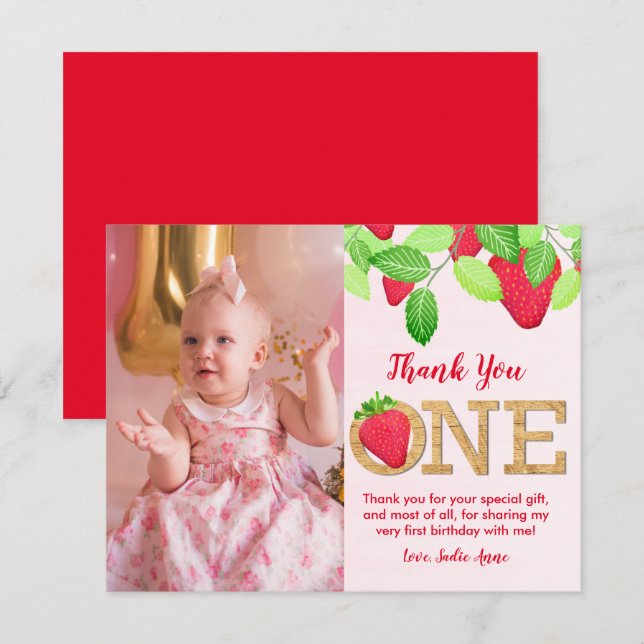 Carte De Remerciements Berry Sweet Red Strawberry 1st Birthday Girl Photo (Devant / Derrière)