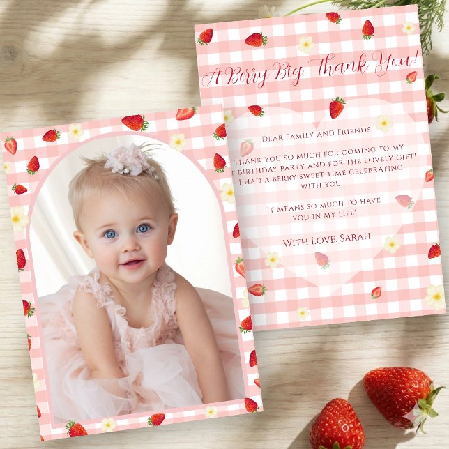 Carte De Remerciements Berry Sweet Strawberry 1st Birthday Photo (Berry Sweet Strawberry 1st Birthday Photo Thank You Card)
