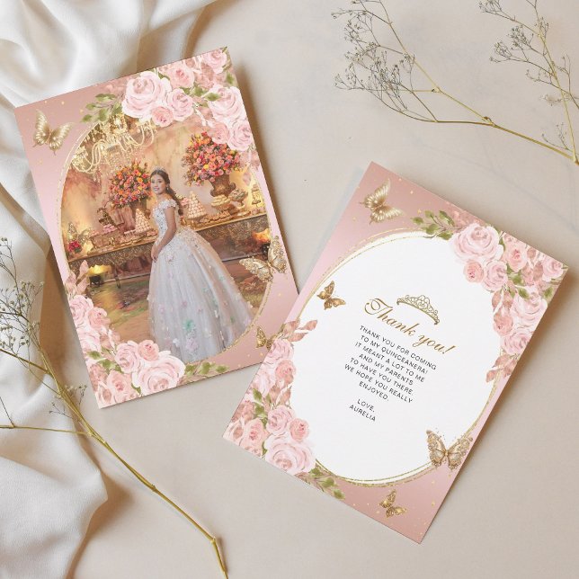 Carte De Remerciements Beurre rose rose floral Quinceañera Photo (Créateur téléchargé)