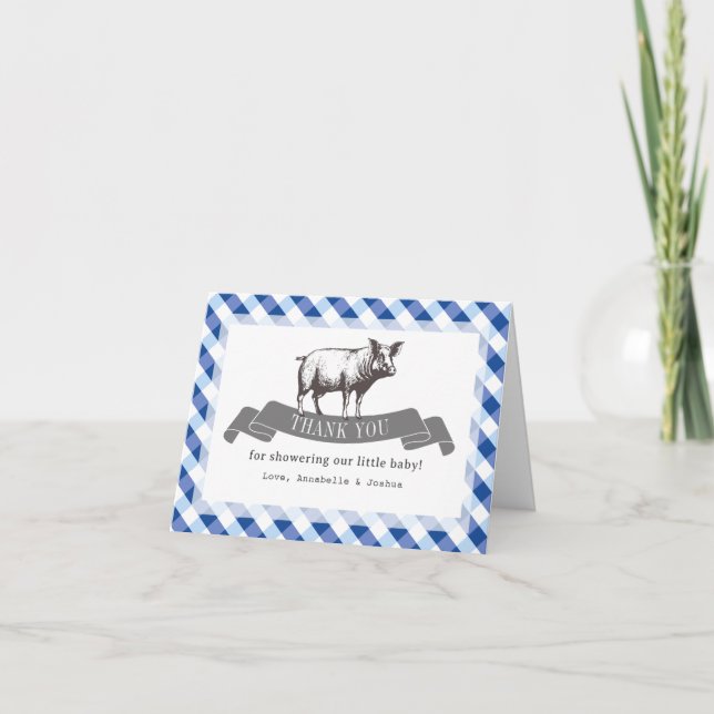 Carte De Remerciements Bibs & Ribs BBQ Gingham Marin Bébé Rustique Navy (Devant)