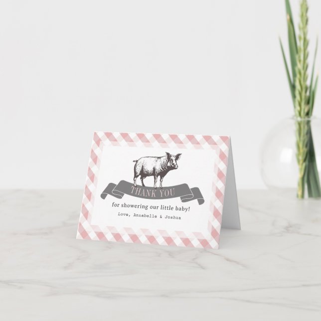 Carte De Remerciements Bibs & Ribs BBQ Rustique Rose En vichy Baby shower (Devant)