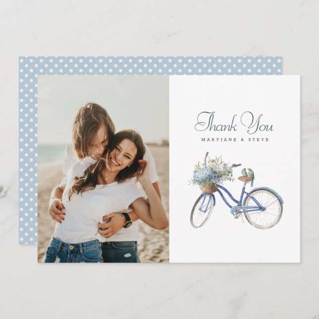 Carte De Remerciements Bicyclette bleue Bohême Aquarelle Mariage Photo (Devant / Derrière)