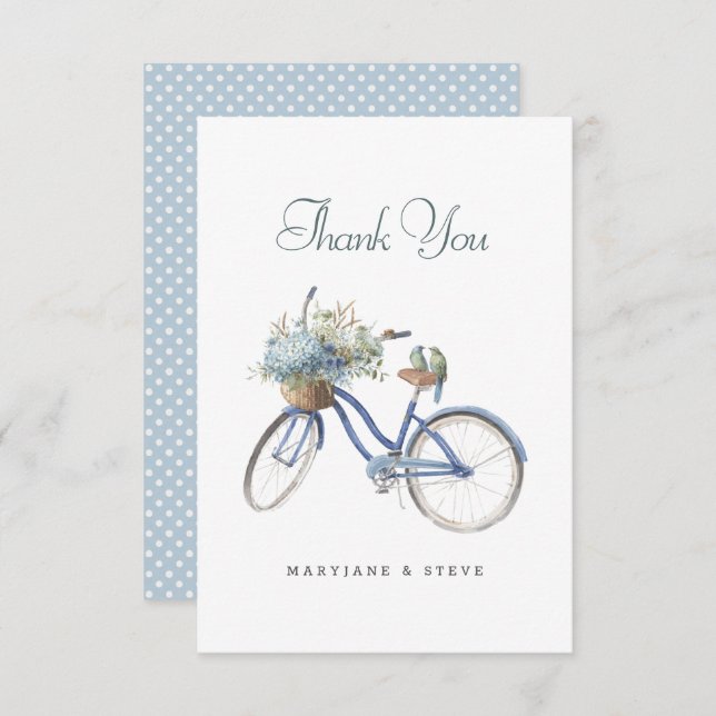 Carte De Remerciements Bicyclette Bleue Bohème Floral Aquarelle Mariage (Devant / Derrière)