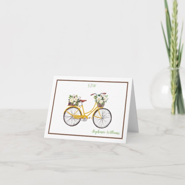 Carte De Remerciements Bicyclette florale à l'aquarelle blanche Monogramm (Devant)