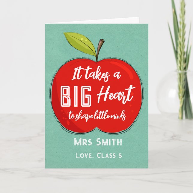 Carte De Remerciements Big RED apple it takes a big heart teacher card (Devant)
