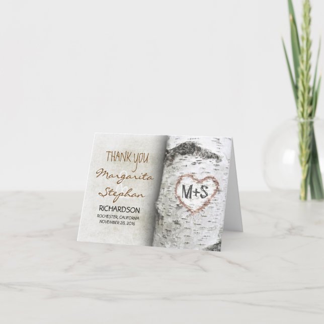 Carte De Remerciements Birch Bark Heart - Mariage Rustique Arbre Remercie (Devant)