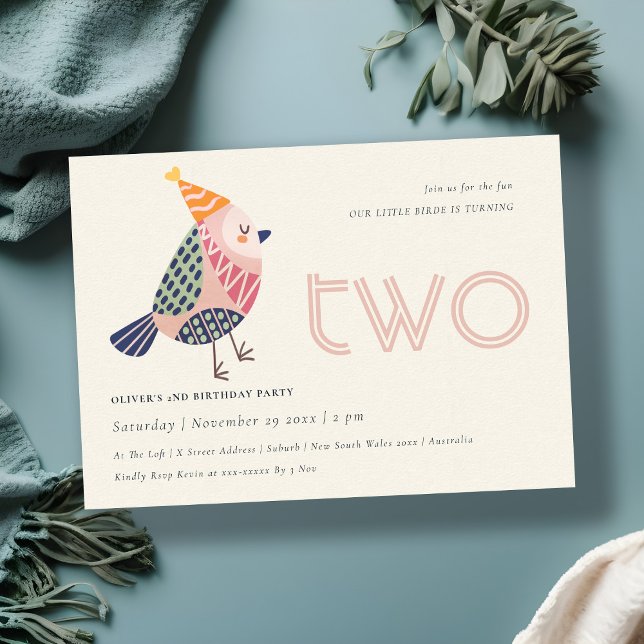 Carte De Remerciements Birdie rose pâle n'importe quel âge 2e anniversair (Créateur téléchargé)