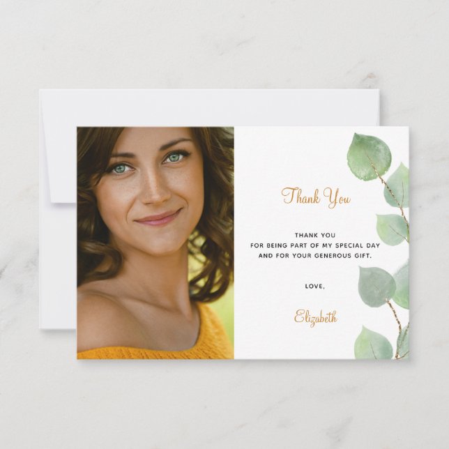 Carte De Remerciements Birthday eucalyptus greenery white gold (Devant)
