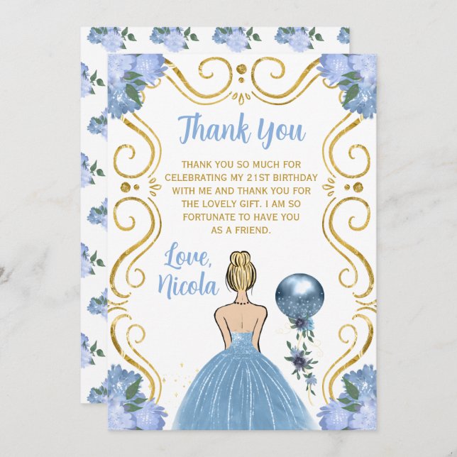 Carte De Remerciements Birthday Party Blonde Princess Blue  (Devant / Derrière)