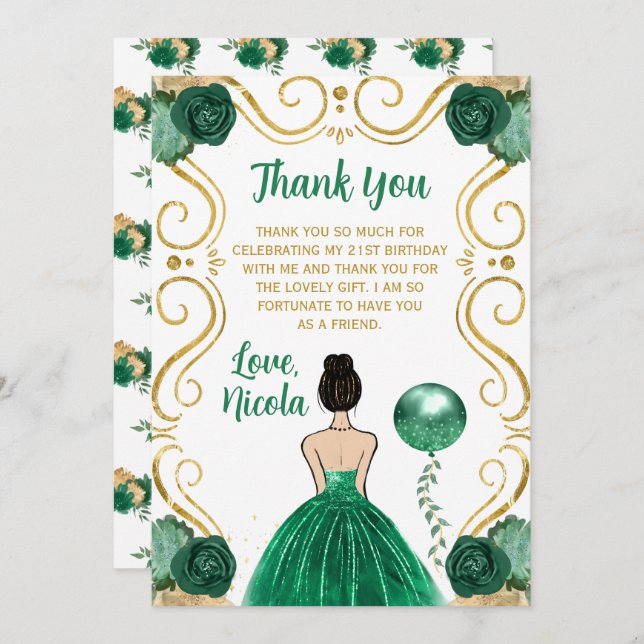 Carte De Remerciements Birthday Party Brown Hair Princess in Green