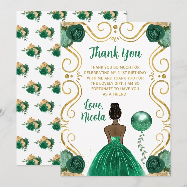 Carte De Remerciements Birthday Party Dark Skin Princess in Green (Devant / Derrière)