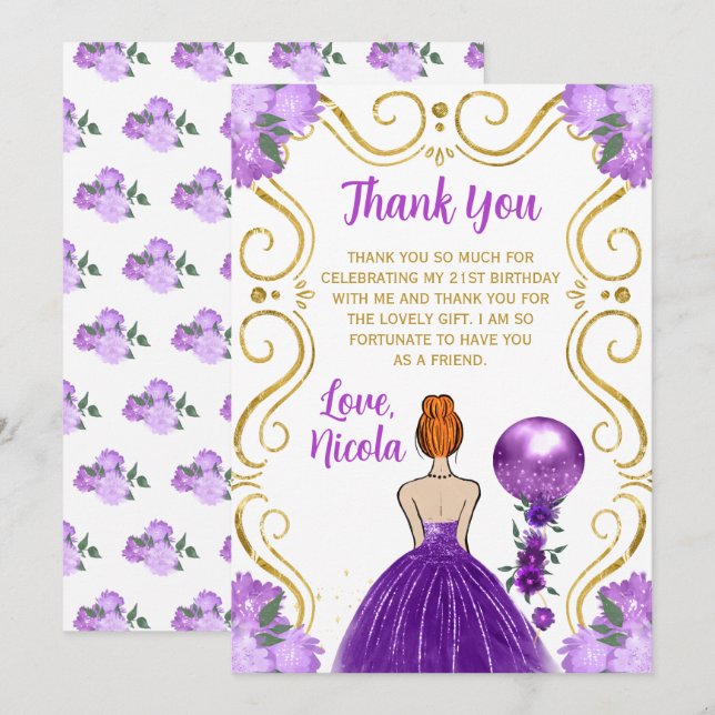Carte De Remerciements Birthday Red Hair Princess Purple Happy Birthday (Devant / Derrière)